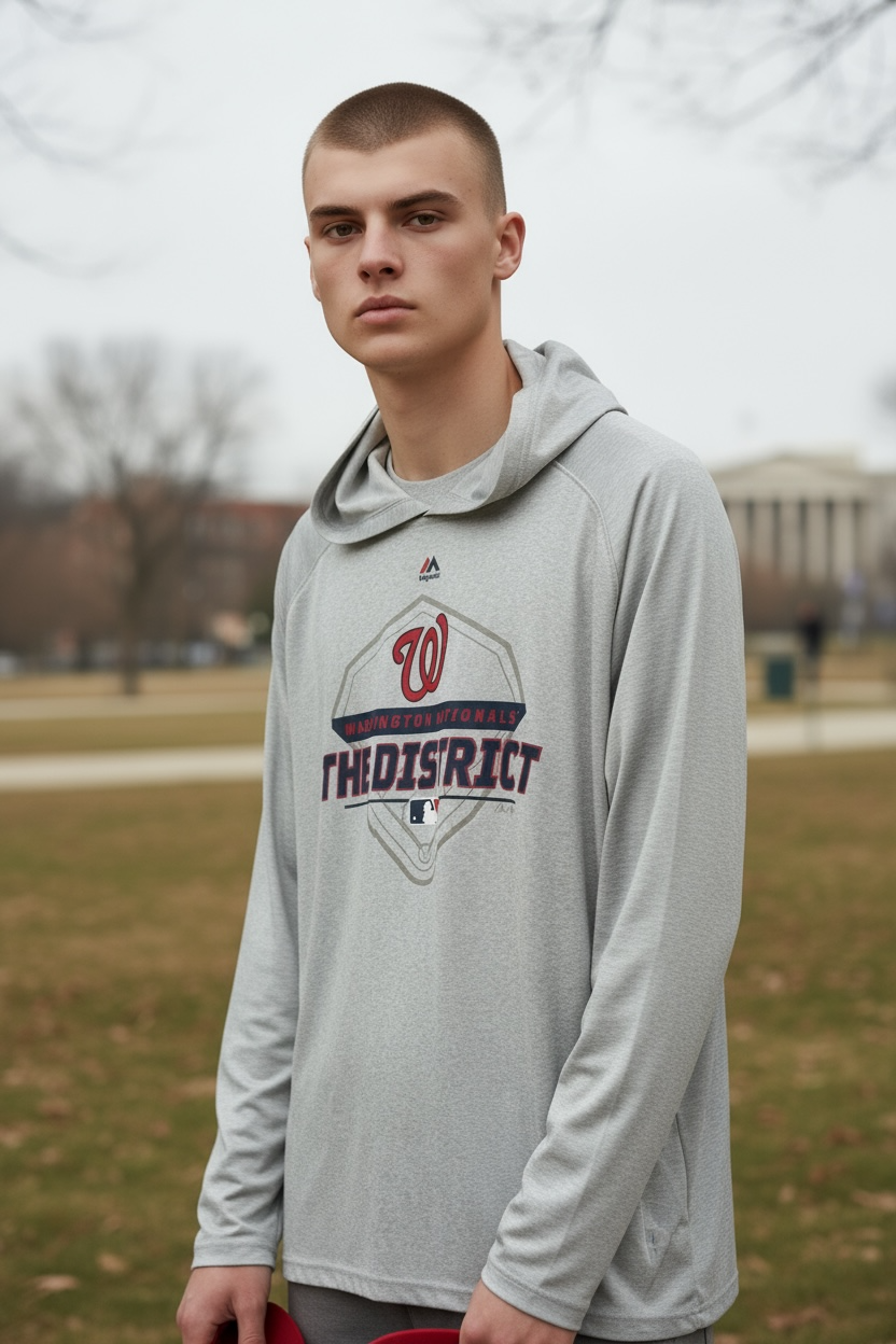 Washington Nationals “The District” Long Sleeve Hoodie Shirt – Majestic Dri-FIT (Gray, Size Large)