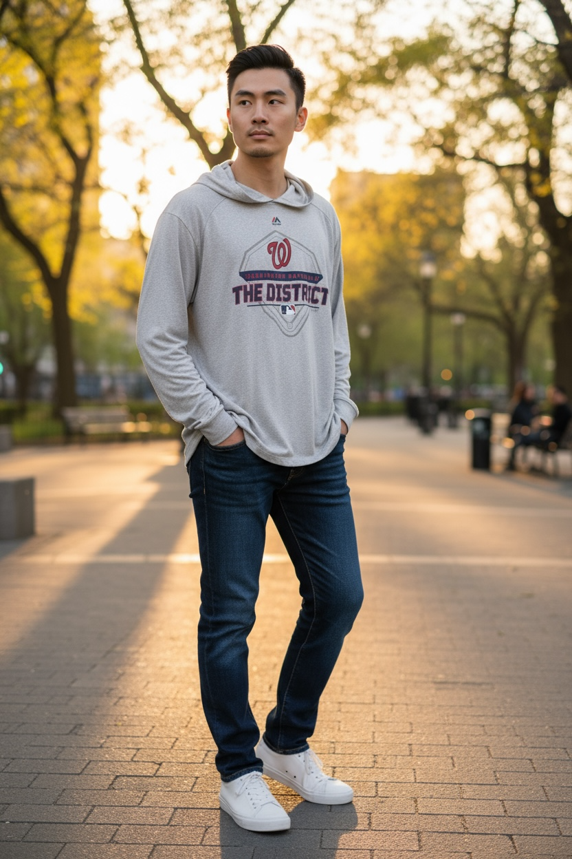 Washington Nationals “The District” Long Sleeve Hoodie Shirt – Majestic Dri-FIT (Gray, Size Large)