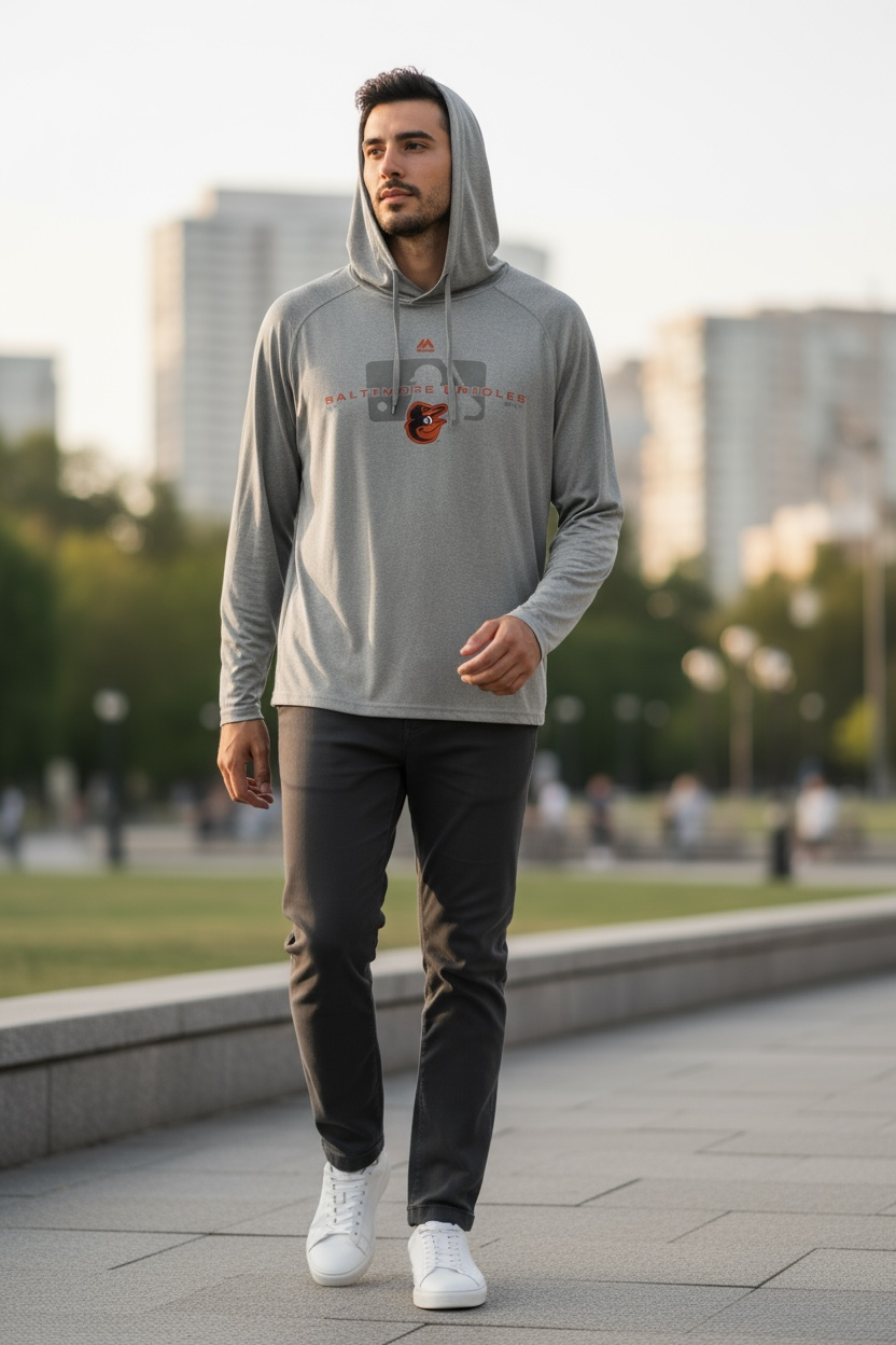 Baltimore Orioles Majestic Dri-FIT Long Sleeve Hoodie Shirt – Gray (Size L)