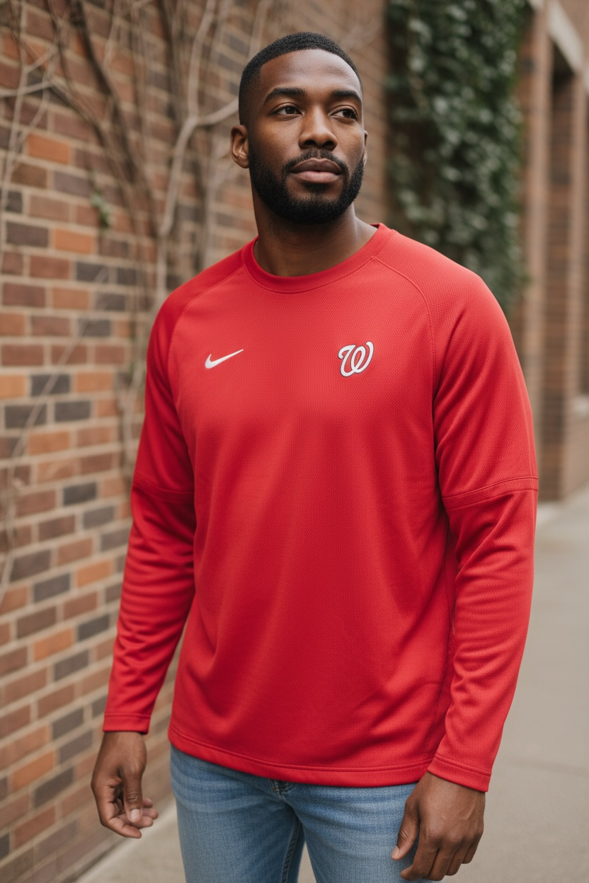 Washington Nationals Nike Dri-FIT Long Sleeve Shirt – Red (Size L, Embroidered Logo)